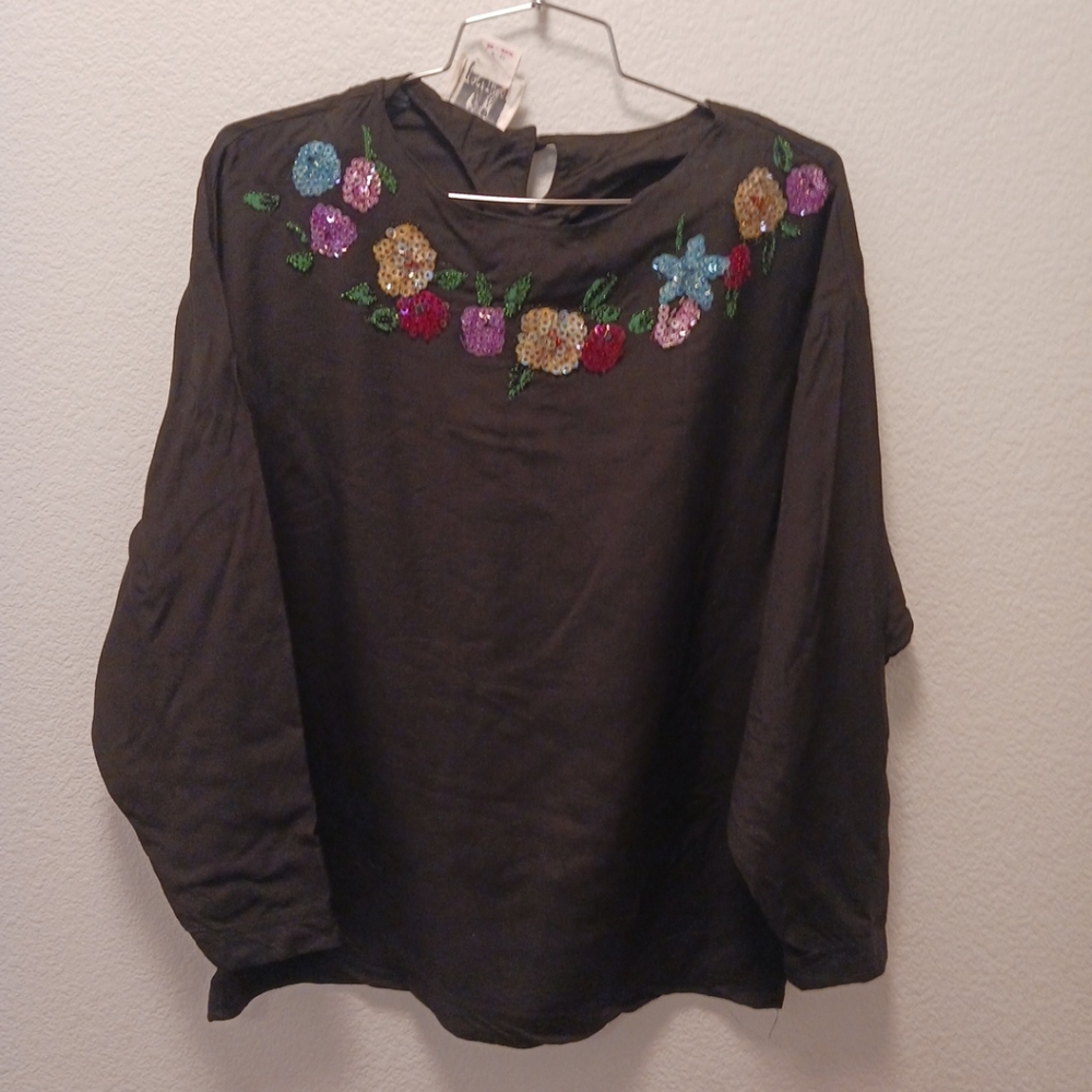 Together! Blouse Women Black Shirt Boho Size M